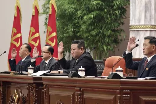 In this photo provided on June 19, 2023, by the North Korean government, North Korean leader Kim Jong Un, center, attends an enlarged plenary meeting of the ruling Workers’ Party’s Central Committee, which was held between June 16 and 18, at the party's headquarters in Pyongyang, North Korea. Independent journalists were not given access to cover the event depicted in this image distributed by the North Korean government. The content of this image is as provided and cannot be independently v