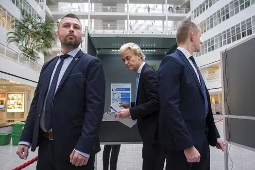 Geert Wilders, leader of the Party for Freedom, known as PVV, casts his ballot in The Hague, Netherlands, Wednesday, Nov. 22, 2023. Voters across the Netherlands have veered far to the right politically. The shift has been triggered by economic and cultural anxieties that have whipped up fears about immigrants. It's an extreme example of a trend being felt across the continent that could tilt the outcome of this year's European Union parliamentary election. (AP Photo/Mike Corder, File)