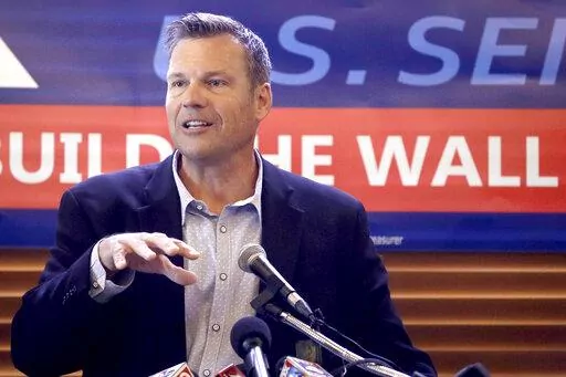 Former Kansas Secretary of State Kris Kobach speaks in Leavenworth, Kan., on July 8, 2019. Kansas voters have said no to Kobach twice over the past four years., but the immigration hard-liner is pursuing a political comeback. Kobach is running for Kansas attorney general after losing a general election for governor in 2018 and a Republican primary for the U.S. Senate in 2020. (AP Photo/Charlie Riedel, File)