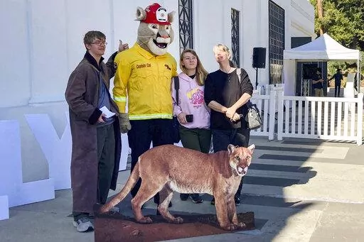 People pose for pictures next to a cardboard cutout of Hollywood's most famous mountain lion, P-22, during his public memorial put on by the "Save LA Cougars," at the Greek Theater in Griffith Park in Los Angeles Saturday, Feb. 4, 2023. (AP Photo/Stefanie Dazio)