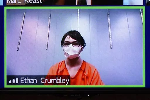 This image from 52-3 District Court shows Ethan Crumbley in a Zoom hearing in Rochester Hills, Mich., Friday, Jan. 7, 2022. The teenager charged with killing four students at their Michigan high school has waived a key court hearing. The decision means Crumbley's case moves straight to a trial court in suburban Detroit. Crumbley, 15, is charged as an adult with murder, terrorism and other counts for the Nov. 30 shooting at Oxford High School, about 30 miles north of Detroit. (AP Photo/Carlos Oso