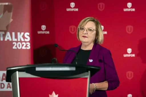 Lana Payne, Unifor national president speaks during a news conference, Aug. 29, 2023, in Toronto. Auto workers walked off the job at three General Motors facilities in Canada early Tuesday, Oct. 10, 2023 after failing to reach agreement with the automaker. (Tijana Martin/The Canadian Press via AP, File)