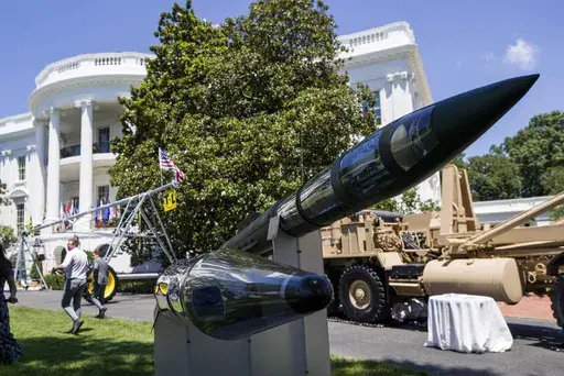 A Terminal High Altitude Area Defense (THAAD) anti-ballistic missile defense system is displayed during a Made in America showcase on the South Lawn of the White House, July 15, 2019, in Washington. (AP Photo/Alex Brandon, File)