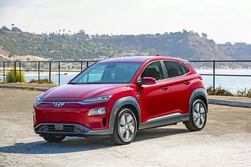 This photo provided by Hyundai shows the 2019 Hyundai Kona Electric, a small hatchback with an EPA-estimated 258 miles of range. (Jay McNally/Courtesy of Hyundai Motor America via AP)