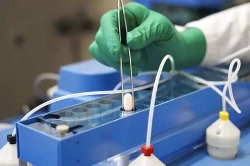 This image provided by Pfizer in October 2021 shows the company's COVID-19 Paxlovid pills. U.S. health regulators on Wednesday, Dec. 22, 2021 authorized the first pill against COVID-19, a Pfizer drug that Americans will be able to take at home to head off the worst effects of the virus. (Pfizer via AP)