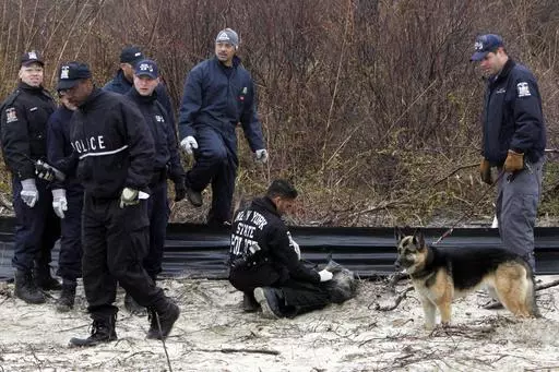 Law enforcement and emergency personnel examine an object on the side of the road, center, near Jones Beach on April 11, 2011, in Wantagh, N.Y. A Long Island architect has been charged, Friday, July 14, 2023, with murder in the deaths of three of the 11 victims in a long-unsolved string of killings known as the Gilgo Beach murders. (AP Photo/Seth Wenig, File)