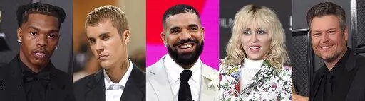 This combination of photos shows, from left, Lil Baby, Justin Bieber, Drake, Miley Cyrus and Blake Shelton, who are among the performers playing shows ahead of the Super Bowl between Los Angeles Rams and Cincinnati Bengals. (AP Photo)