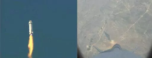 This image provided by Blue Origin shows a split screen of the New Shepard rocket before a launch failure on Monday, Sept. 12, 2022. Jeff Bezos' rocket company has suffered its first launch failure. No one was aboard, only science experiments. The Blue Origin rocket veered off course over West Texas about 1 1/2 minutes after liftoff Monday. (Blue Origin via AP)