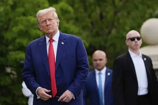 Republican presidential nominee former President Donald Trump walks after a news conference at Trump National Golf Club, Aug. 15, 2024, in Bedminster, N.J. (AP Photo/Julia Nikhinson, File)