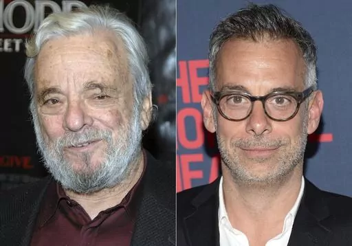 Composer Stephen Sondheim appears at the premiere of "Sweeney Todd: The Demon Barber of Fleet Street" in New York on Dec. 3, 2007, left, and Joe Mantello appears the premiere of HBO Films' "The Normal Heart" in New York on May 12, 2014. Sondheim's last musical “Here We Are” — once known as “Square One” — will begin performances this September at The Shed’s Griffin Theater with a book by David Ives, best known for the play “Venus in Fur.” Mantello will direct. (AP Photo)