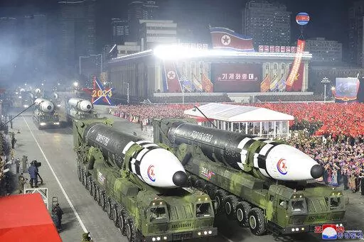 This photo provided by the North Korean government, shows what it says is Hwasong-17 intercontinental ballistic missiles during a military parade to mark the 75th founding anniversary of the Korean People's Army on Kim Il Sung Square in Pyongyang, North Korea, Wednesday, Feb. 8, 2023. Independent journalists were not given access to cover the event depicted in this image distributed by the North Korean government. The content of this image is as provided and cannot be independently verified. Kor